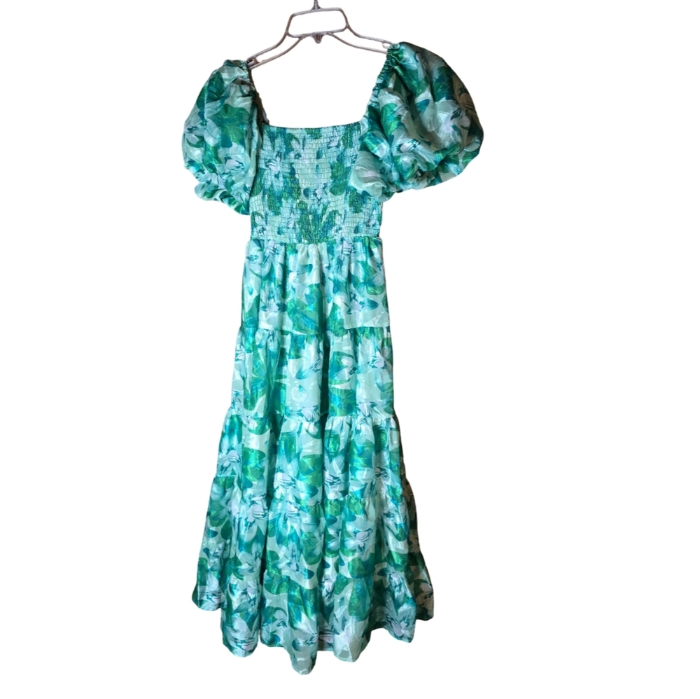 NWT Pink Diamond Green Floral Puff Sleeve Smocked Maxi Dress Women’s Size 8